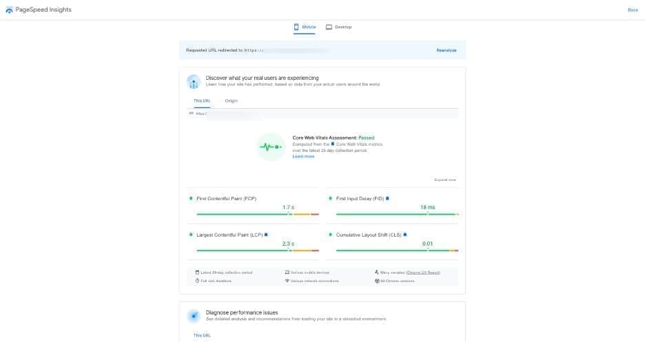 ll core web vitals are annotated with a blue ribbon 